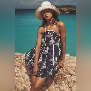 NWT Anthropologie Celadine Scallop Piped Mini Dress in Blue Motif, size XL